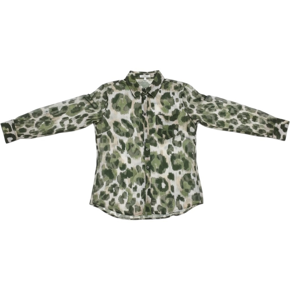 Equipment Femme Blouse XS Green Leopard Print Sheer Button Down Safari Core